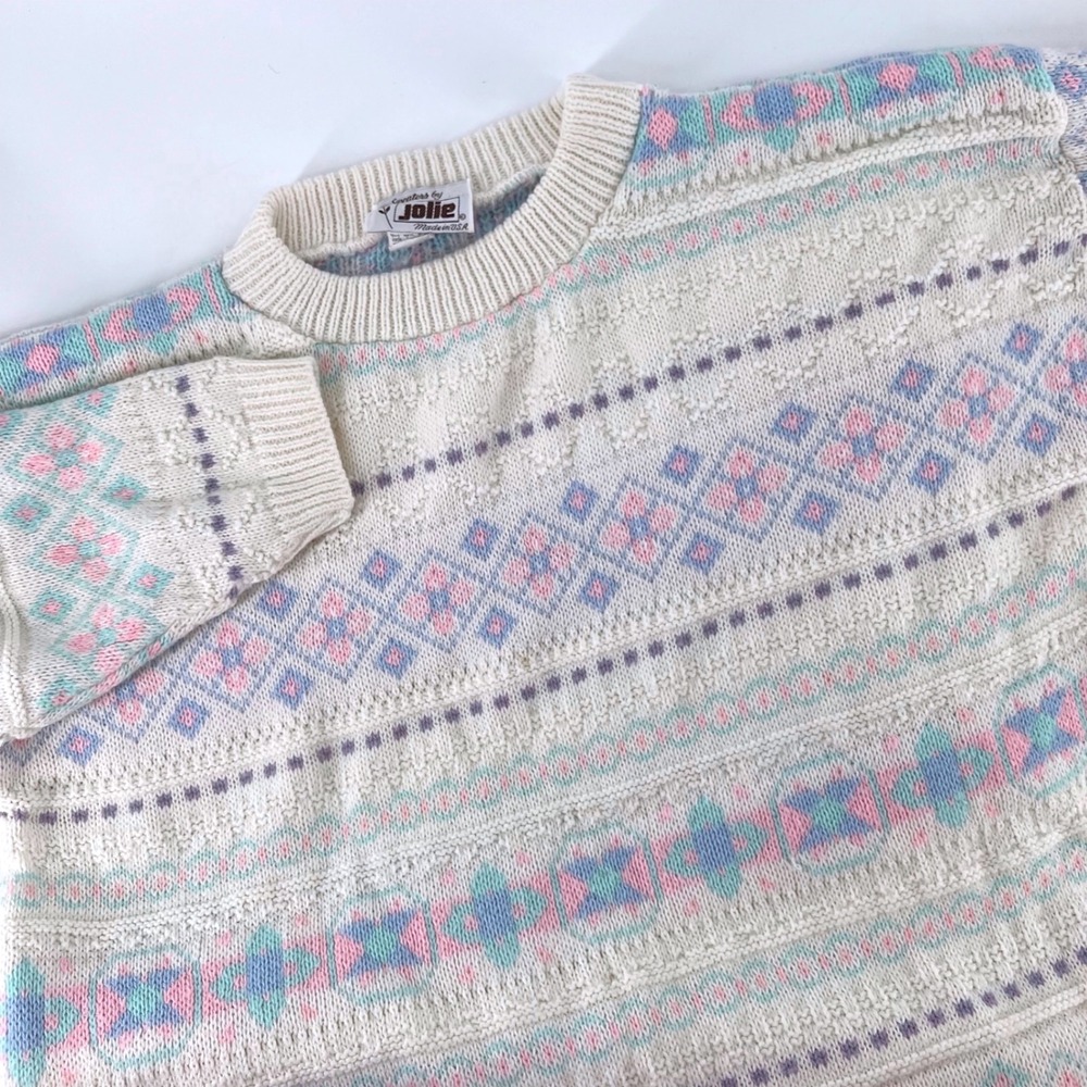 Vintage Sweaters by Jolie Pastel Geometric Knit Crewneck Sweater Ivory Pink Blue